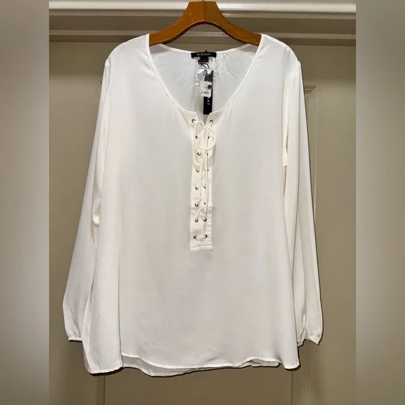 ACROBAT Ivory White Silk Lace Up Blouse L - Picture 3 of 12